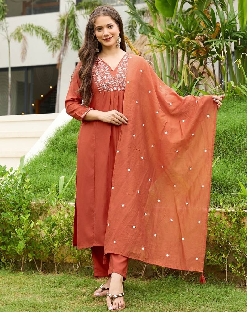 Orange rayon silk sequin embroidered v neck kurta set with chanderi dupatta