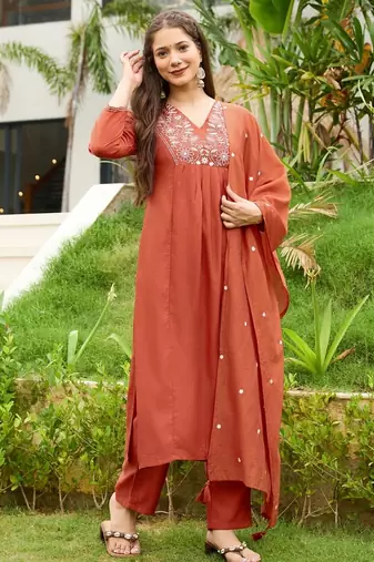 Orange rayon silk sequin embroidered v neck kurta set with chanderi dupatta