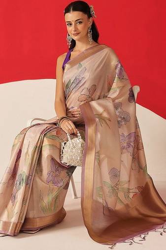 Beige printed tissue traditional saree with blouse piece