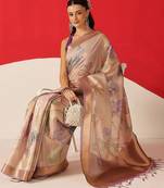 Beige printed tissue traditional saree with blouse piece