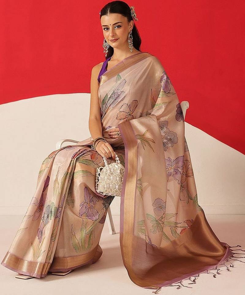 Beige printed tissue traditional saree with blouse piece