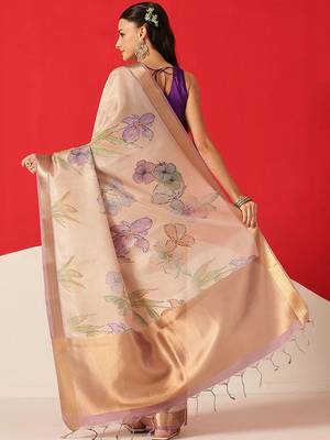 Beige printed tissue traditional saree with blouse piece 2
