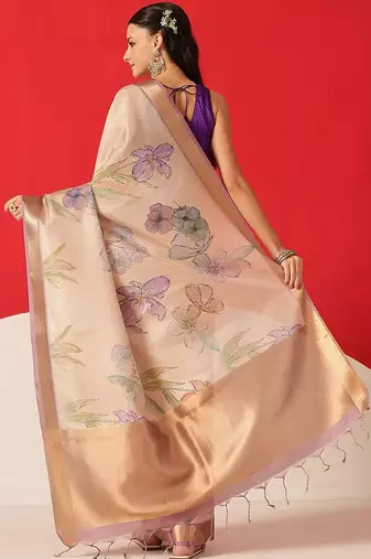 Beige printed tissue traditional saree with blouse piece