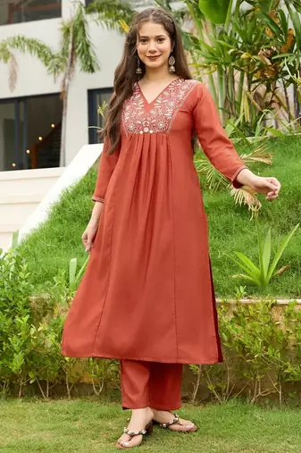 Orange rayon silk sequin embroidered v neck kurta set with chanderi dupatta