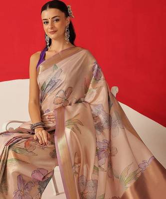 Beige printed tissue traditional saree with blouse piece 3