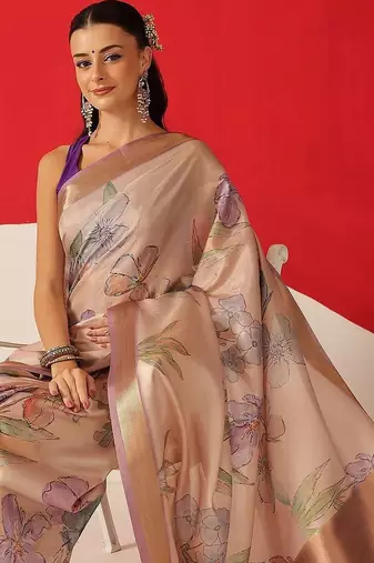 Beige printed tissue traditional saree with blouse piece
