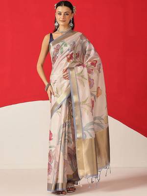 Off white printed tissue traditional saree with blouse piece 1