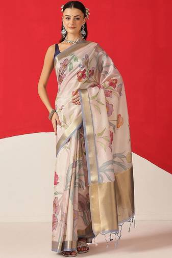 Off white printed tissue traditional saree with blouse piece
