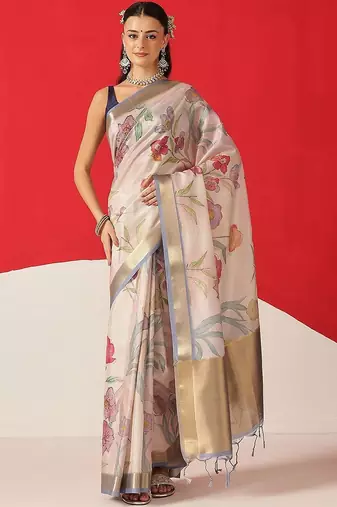 Off white printed tissue traditional saree with blouse piece