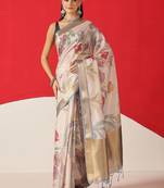 Off white printed tissue traditional saree with blouse piece