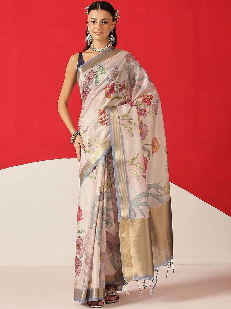 Off white printed tissue traditional saree with blouse piece
