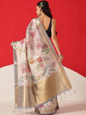 Off white printed tissue traditional saree with blouse piece 2