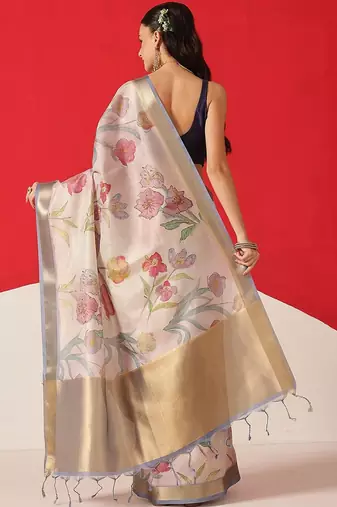 Off white printed tissue traditional saree with blouse piece