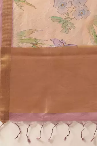 Beige printed tissue traditional saree with blouse piece