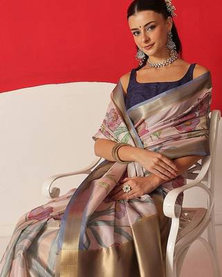 Off white printed tissue traditional saree with blouse piece 3
