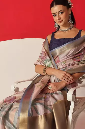 Off white printed tissue traditional saree with blouse piece