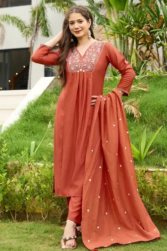 Orange rayon silk sequin embroidered v neck kurta set with chanderi dupatta