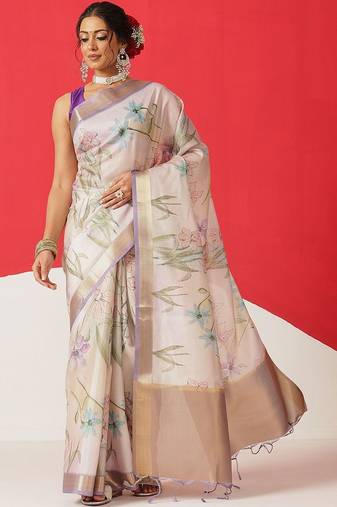 Off white printed tissue traditional saree with blouse piece