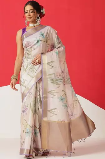Off white printed tissue traditional saree with blouse piece