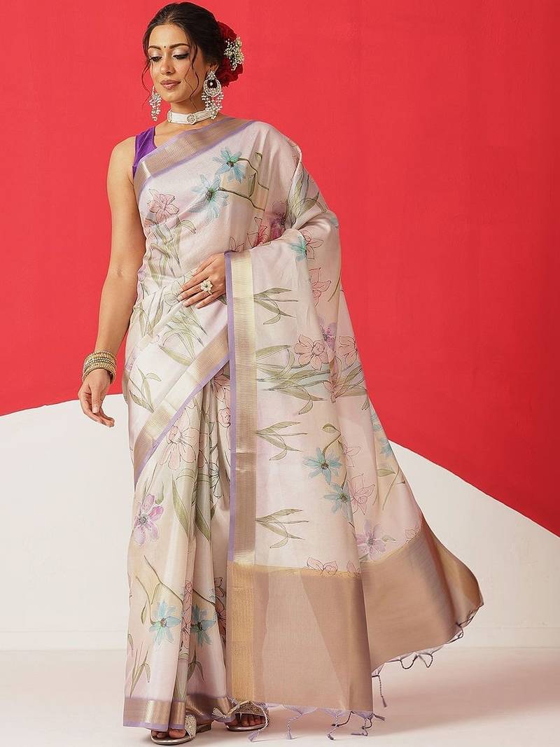 Off white printed tissue traditional saree with blouse piece