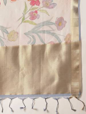 Off white printed tissue traditional saree with blouse piece 5