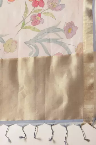 Off white printed tissue traditional saree with blouse piece