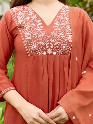 Orange rayon silk sequin embroidered v neck kurta set with chanderi dupatta 5