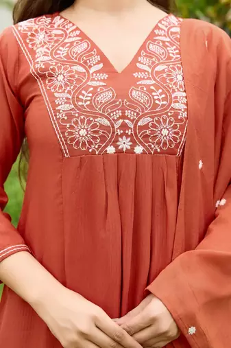 Orange rayon silk sequin embroidered v neck kurta set with chanderi dupatta