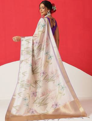 Off white printed tissue traditional saree with blouse piece 3