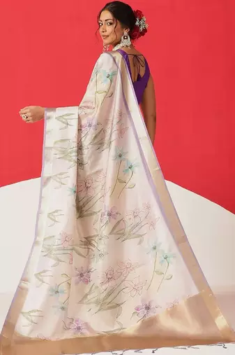 Off white printed tissue traditional saree with blouse piece