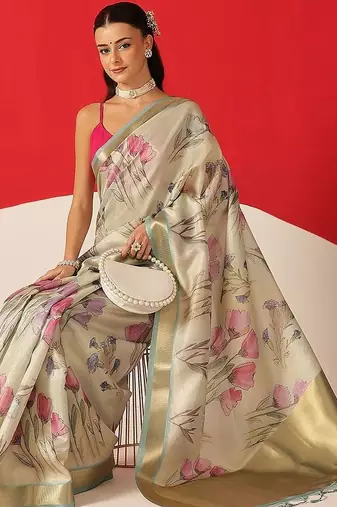 Cream printed tissue traditional saree with blouse piece