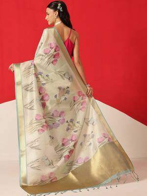 Cream printed tissue traditional saree with blouse piece 2
