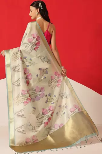 Cream printed tissue traditional saree with blouse piece