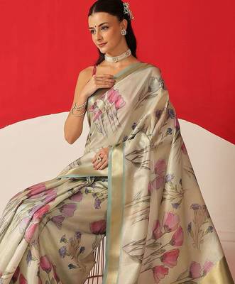 Cream printed tissue traditional saree with blouse piece 3