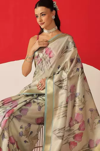 Cream printed tissue traditional saree with blouse piece