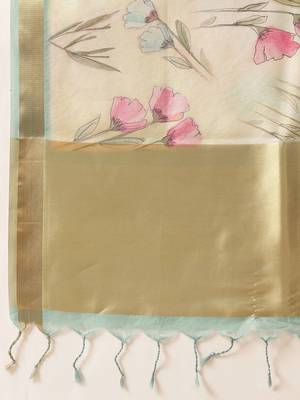 Cream printed tissue traditional saree with blouse piece 5