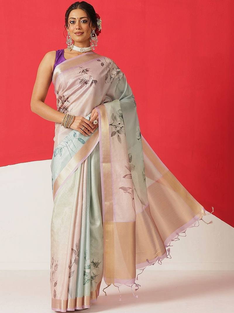 Multicolor printed tissue traditional saree with blouse piece