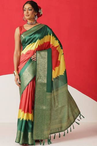 Green printed art silk ethnic saree with blouse piece