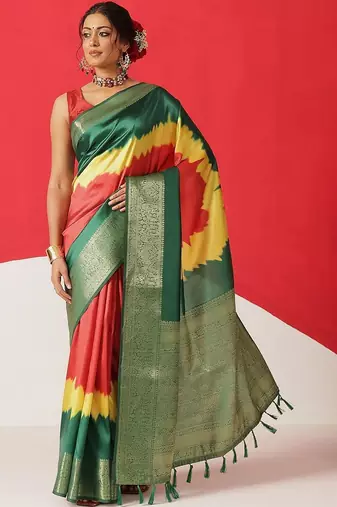 Green printed art silk ethnic saree with blouse piece