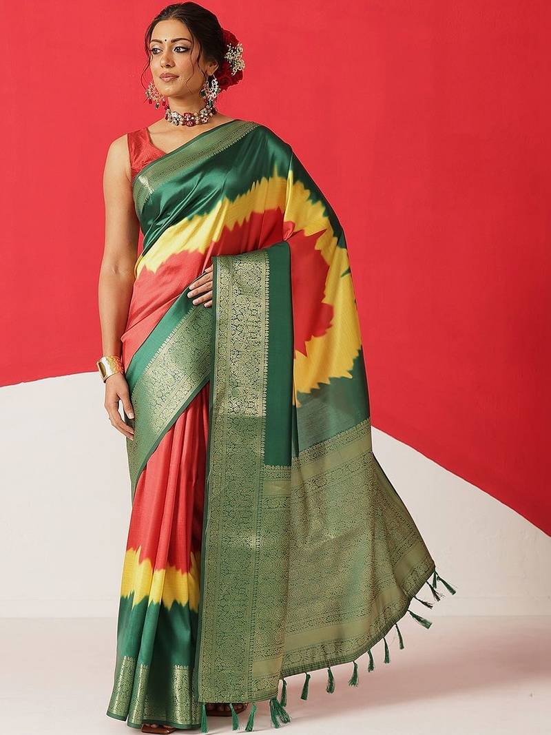 Green printed art silk ethnic saree with blouse piece