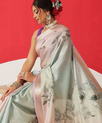 Multicolor printed tissue traditional saree with blouse piece 2