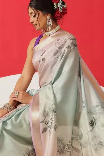Multicolor printed tissue traditional saree with blouse piece
