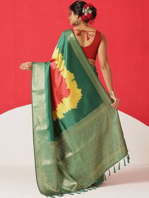 Green printed art silk ethnic saree with blouse piece 3