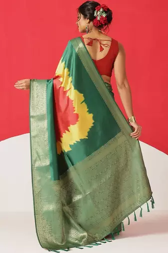 Green printed art silk ethnic saree with blouse piece