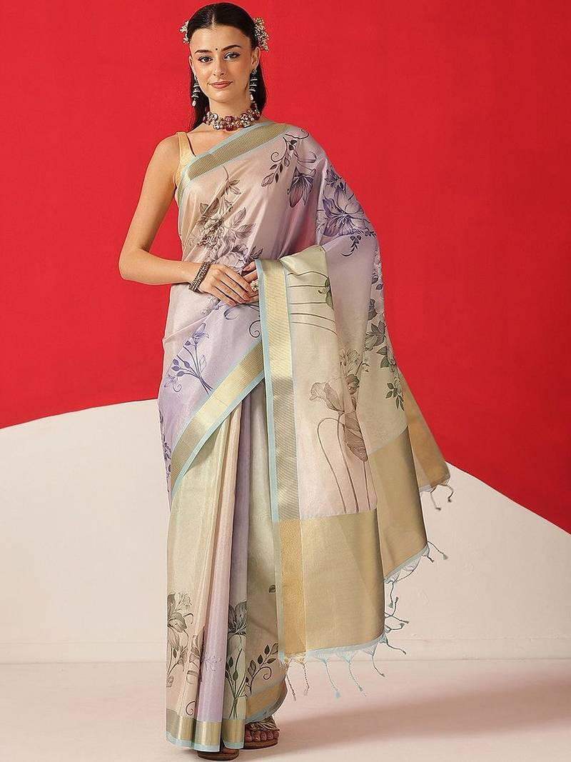 Multicolor printed tissue traditional saree with blouse piece
