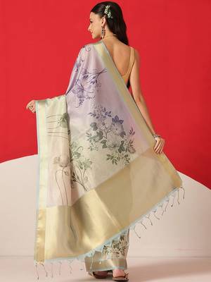 Multicolor printed tissue traditional saree with blouse piece 2