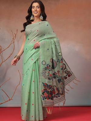 Lime woven cotton blend traditional saree with blouse piece 1