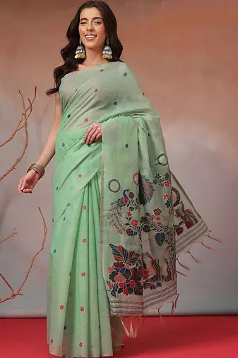 Lime woven cotton blend traditional saree with blouse piece