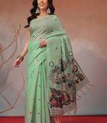 Lime woven cotton blend traditional saree with blouse piece