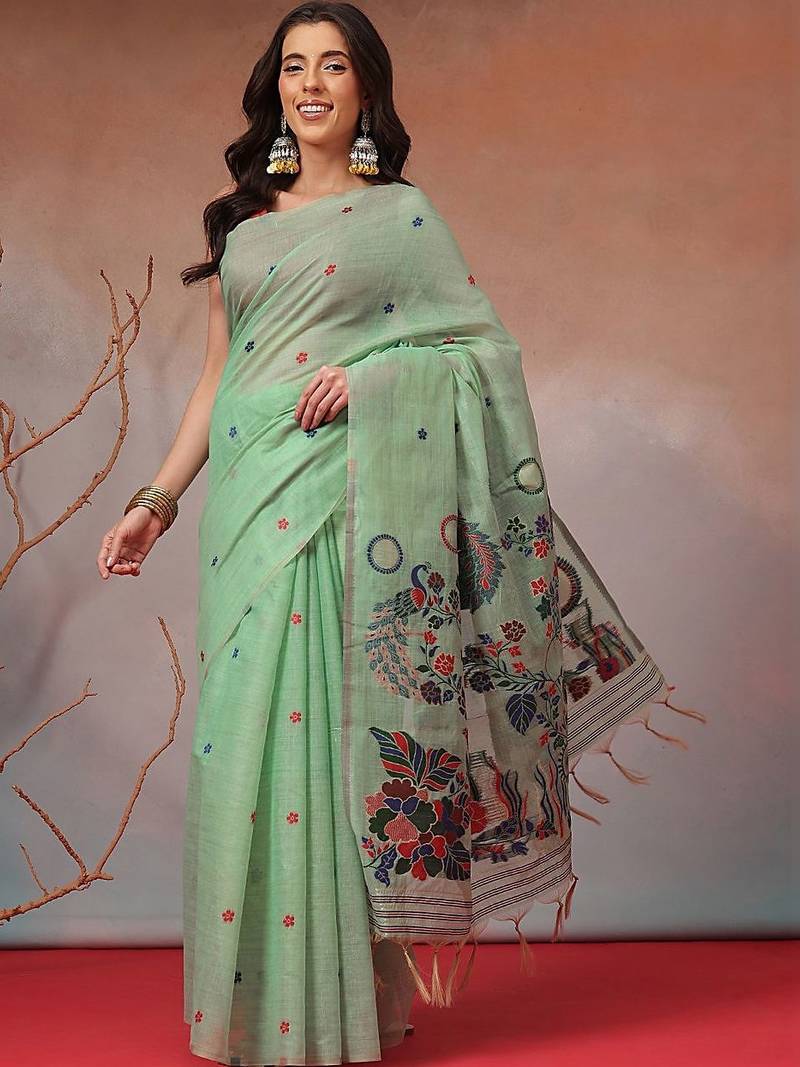 Lime woven cotton blend traditional saree with blouse piece